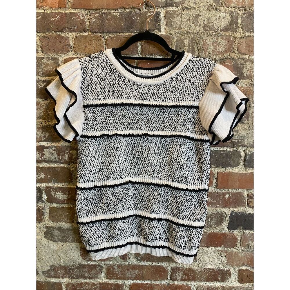 Grey Collection Black/White Stripe Short Ruffle Sleeve Knit Sweater Top Women’s